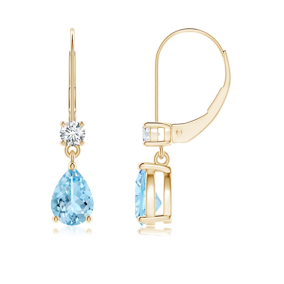 7x5mm AAAA Pear Aquamarine Leverback Drop Earrings with Diamond in Yellow Gold 