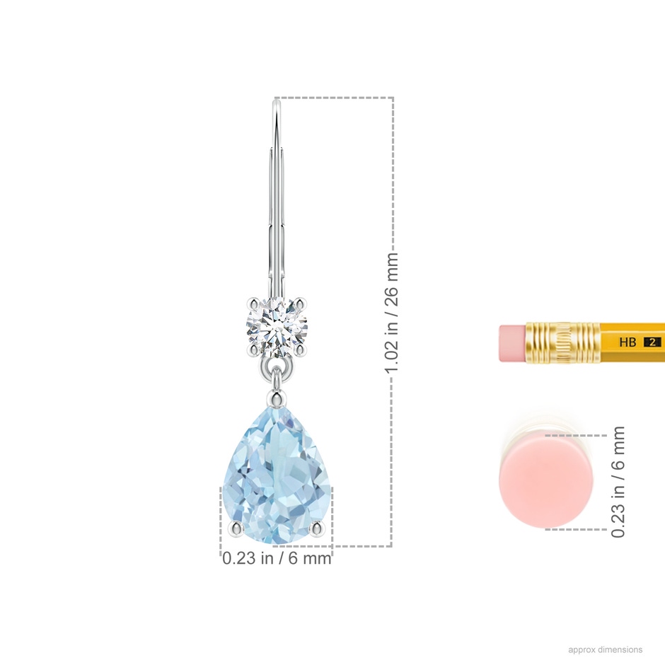 8x6mm AA Pear Aquamarine Leverback Drop Earrings with Diamond in White Gold ruler