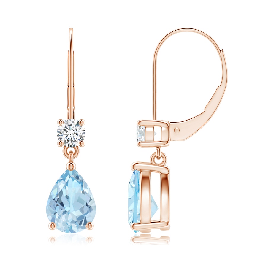 8x6mm AAA Pear Aquamarine Leverback Drop Earrings with Diamond in Rose Gold 