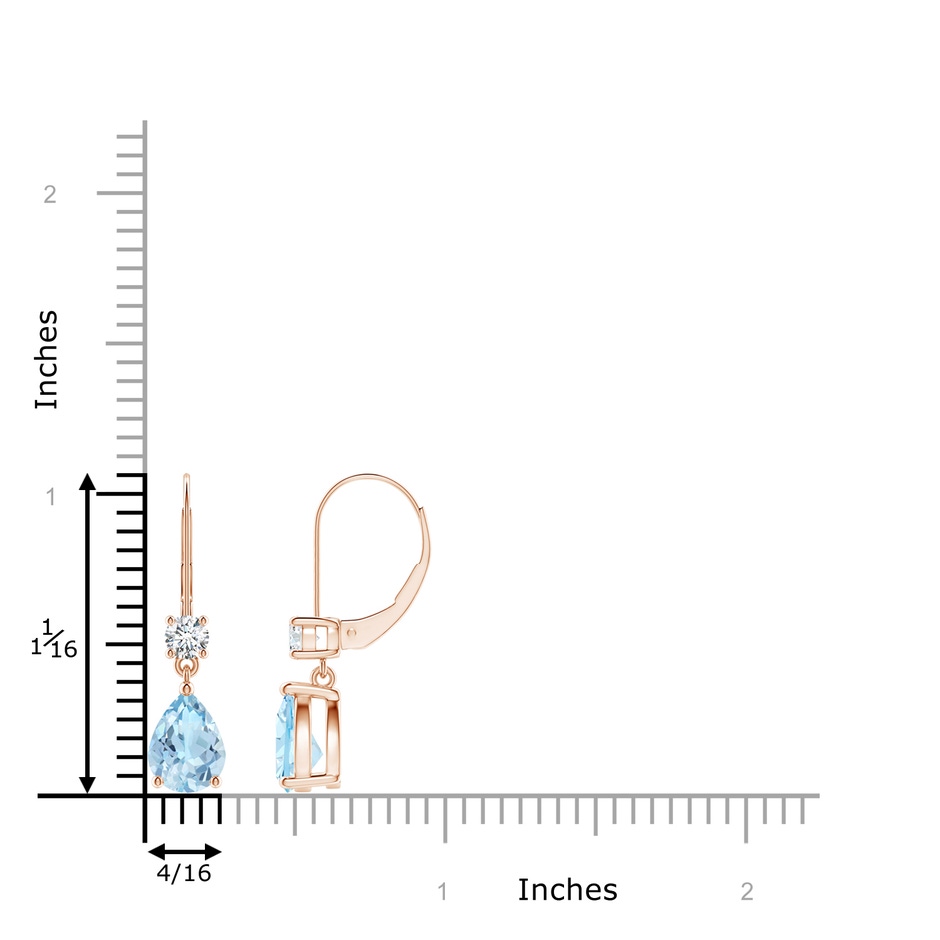 8x6mm AAA Pear Aquamarine Leverback Drop Earrings with Diamond in Rose Gold ruler