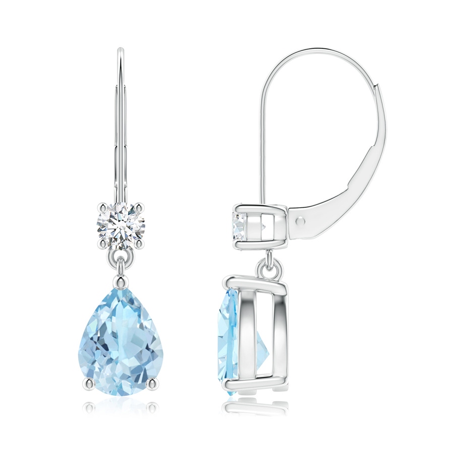 8x6mm AAA Pear Aquamarine Leverback Drop Earrings with Diamond in White Gold 