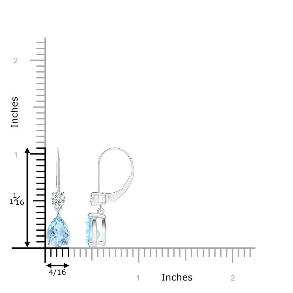 8x6mm AAA Pear Aquamarine Leverback Drop Earrings with Diamond in White Gold ruler