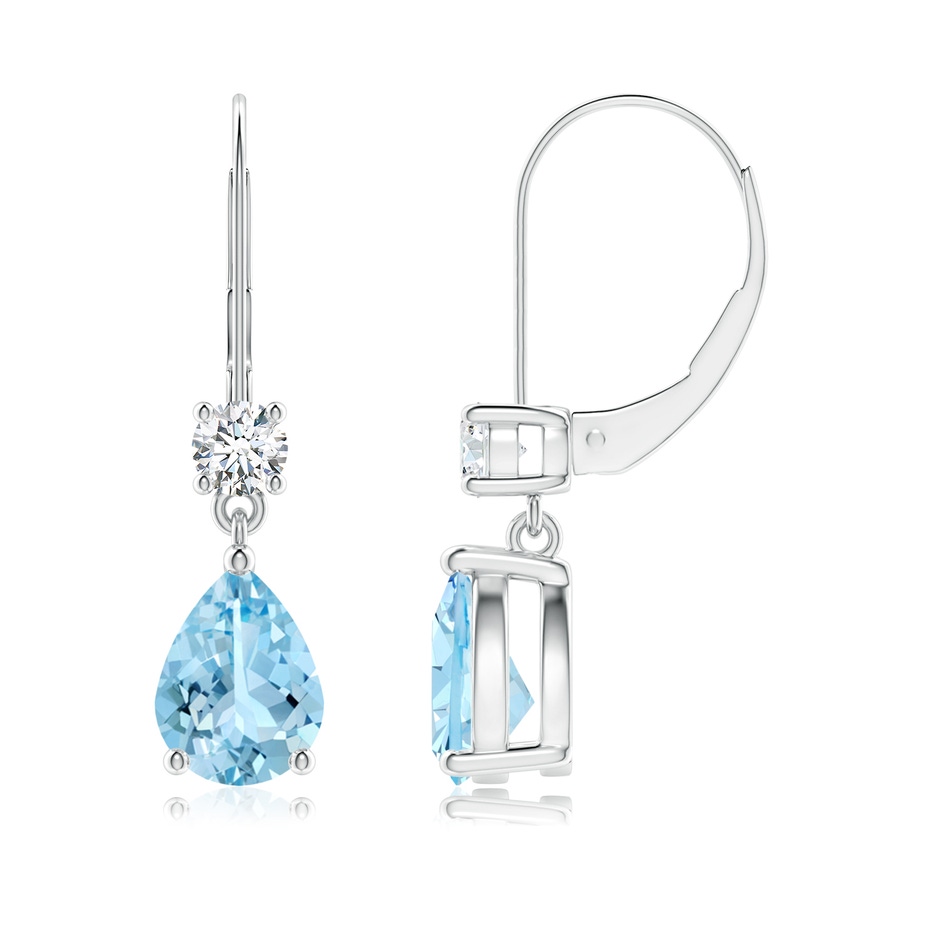 8x6mm AAAA Pear Aquamarine Leverback Drop Earrings with Diamond in P950 Platinum 