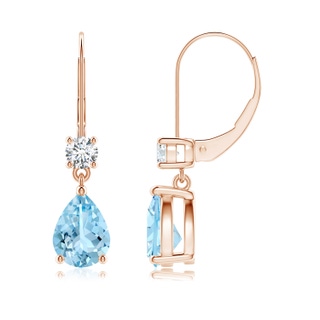 8x6mm AAAA Pear Aquamarine Leverback Drop Earrings with Diamond in Rose Gold