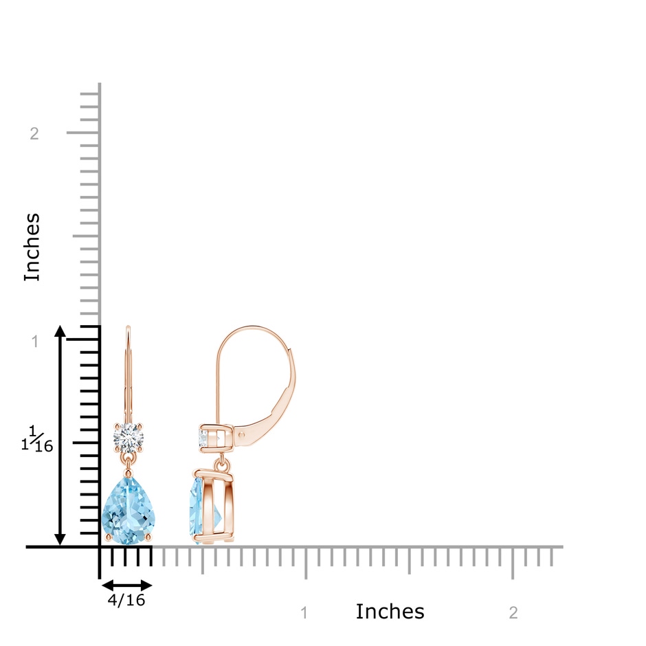 8x6mm AAAA Pear Aquamarine Leverback Drop Earrings with Diamond in Rose Gold ruler