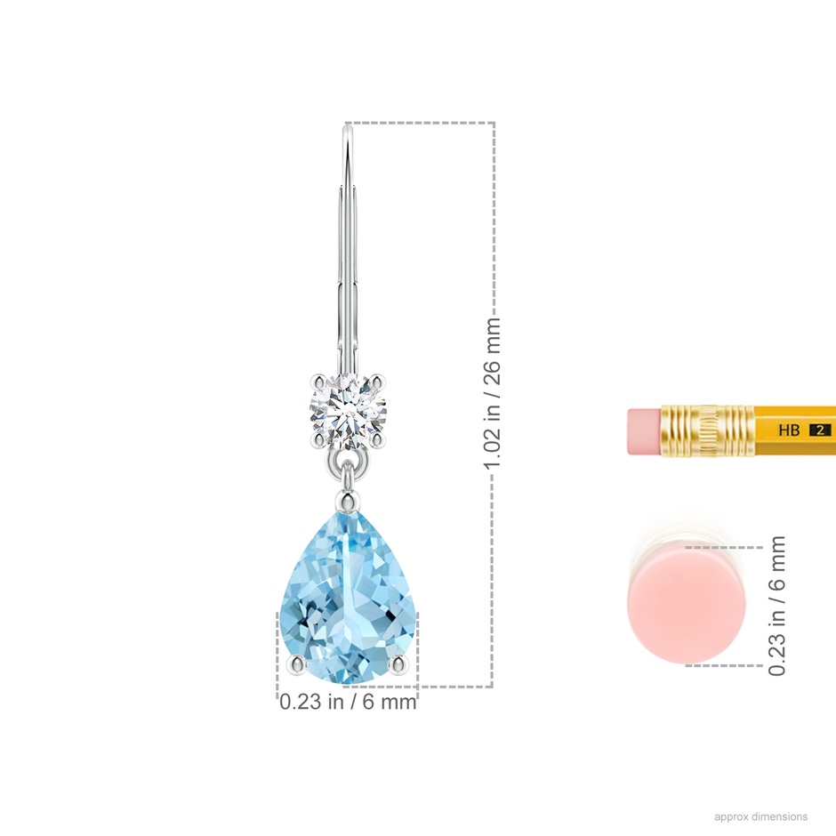 8x6mm AAAA Pear Aquamarine Leverback Drop Earrings with Diamond in White Gold ruler
