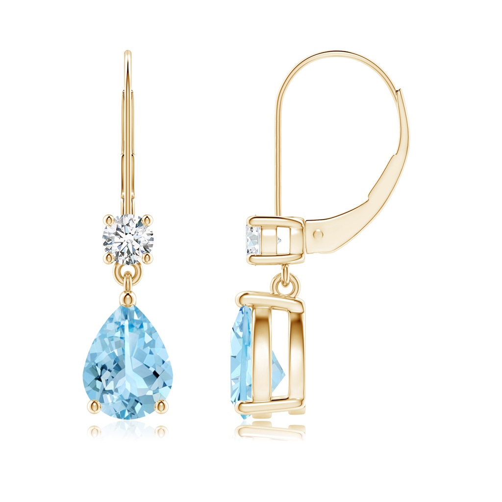 8x6mm AAAA Pear Aquamarine Leverback Drop Earrings with Diamond in Yellow Gold