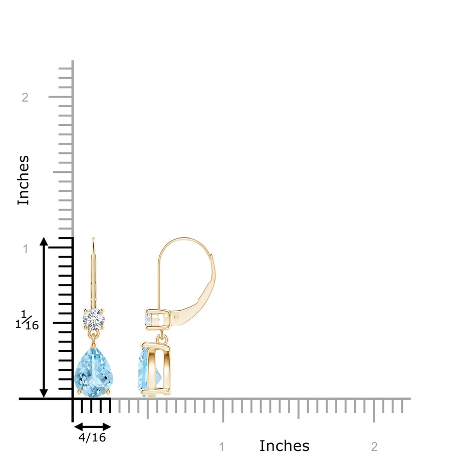 8x6mm AAAA Pear Aquamarine Leverback Drop Earrings with Diamond in Yellow Gold ruler