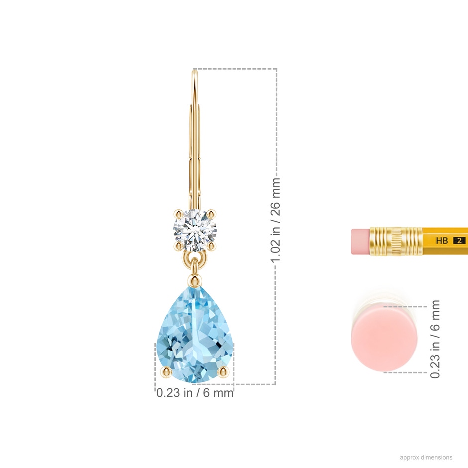 8x6mm AAAA Pear Aquamarine Leverback Drop Earrings with Diamond in Yellow Gold ruler