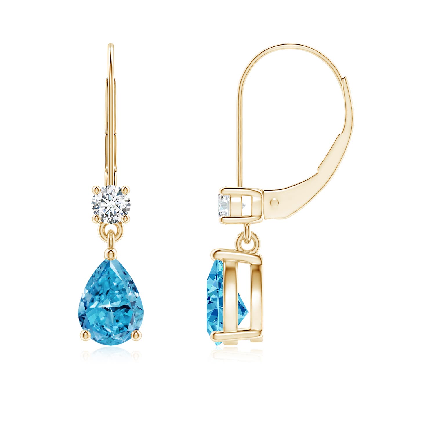 Angara 1.69 CTW Pear Fancy Intense Blue Diamond Leverback Drop Earrings in 18K Yellow Gold