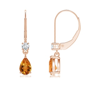 6x4mm AAA Pear Citrine Leverback Drop Earrings with Diamond in Rose Gold