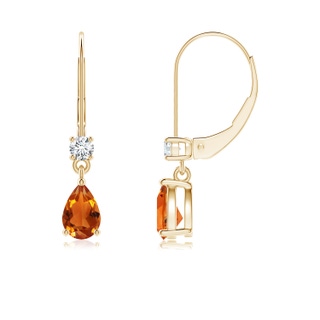 6x4mm AAAA Pear Citrine Leverback Drop Earrings with Diamond in Yellow Gold