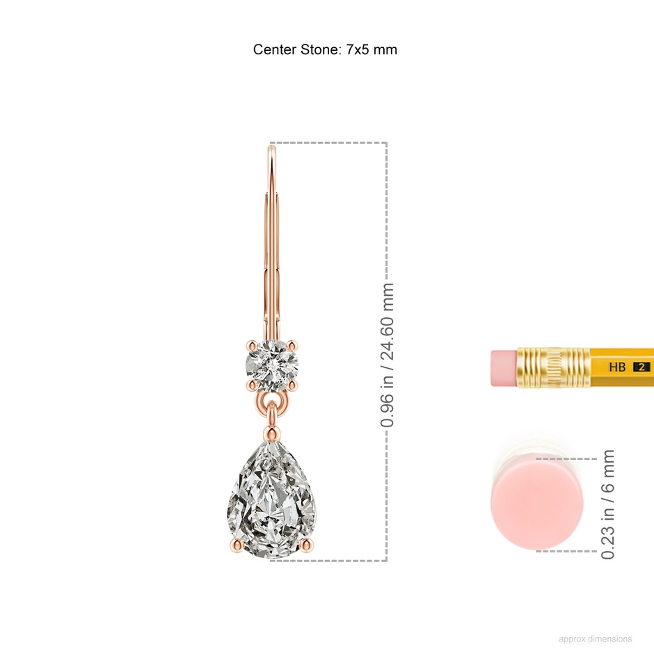 7x5mm KI3 Pear Diamond Leverback Drop Earrings with Diamond Accent in Rose Gold ruler