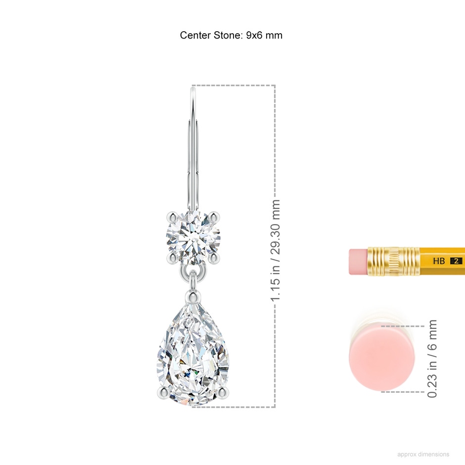 9x6mm GVS2 Pear Diamond Leverback Drop Earrings with Diamond Accent in P950 Platinum ruler