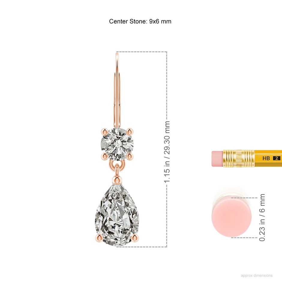 9x6mm KI3 Pear Diamond Leverback Drop Earrings with Diamond Accent in Rose Gold ruler