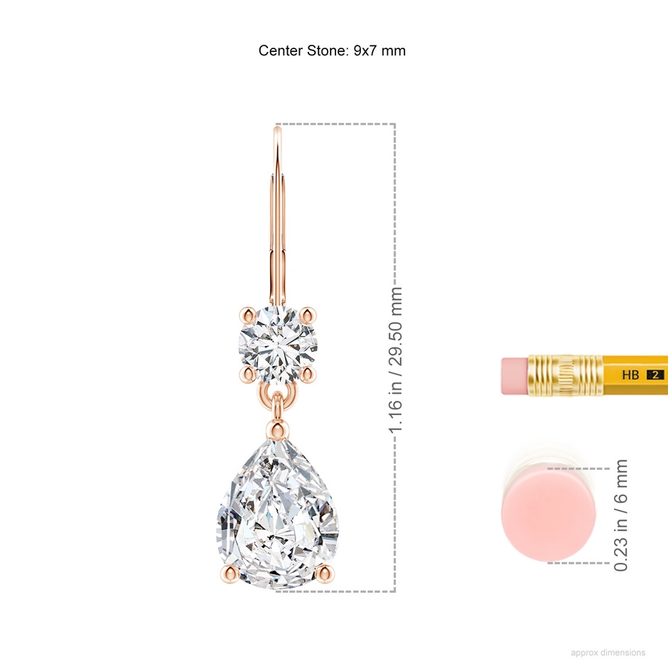 9x7mm HSI2 Pear Diamond Leverback Drop Earrings with Diamond Accent in Rose Gold ruler