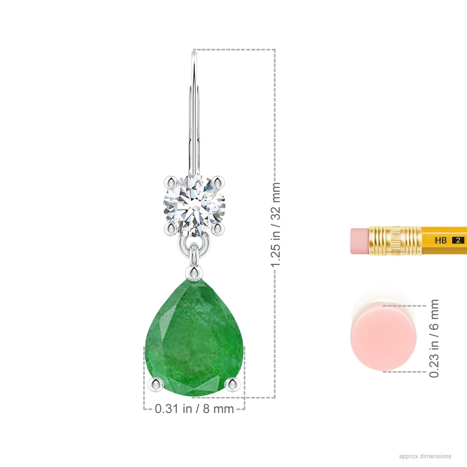 10x8mm A Pear Emerald Leverback Drop Earrings with Diamond in P950 Platinum ruler