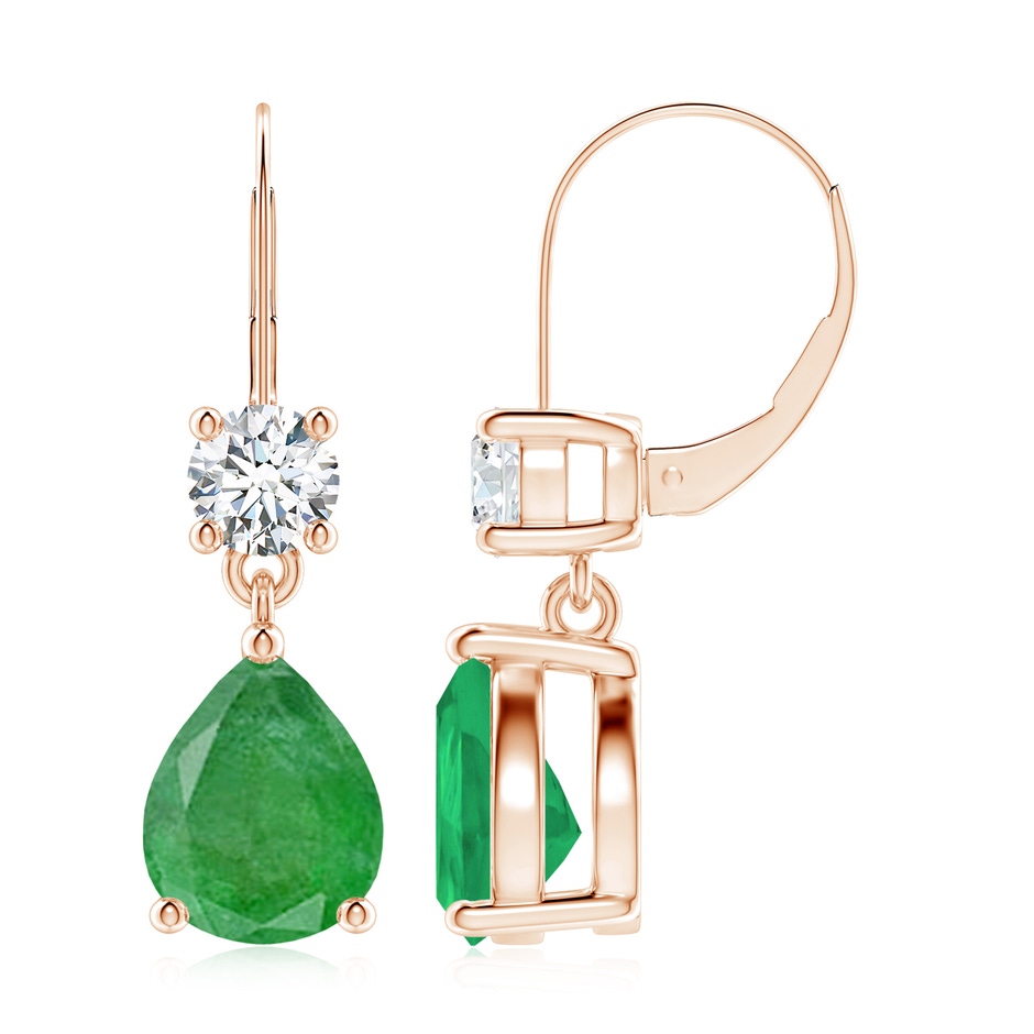 10x8mm A Pear Emerald Leverback Drop Earrings with Diamond in Rose Gold 