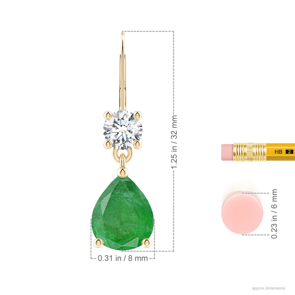 10x8mm A Pear Emerald Leverback Drop Earrings with Diamond in Yellow Gold ruler
