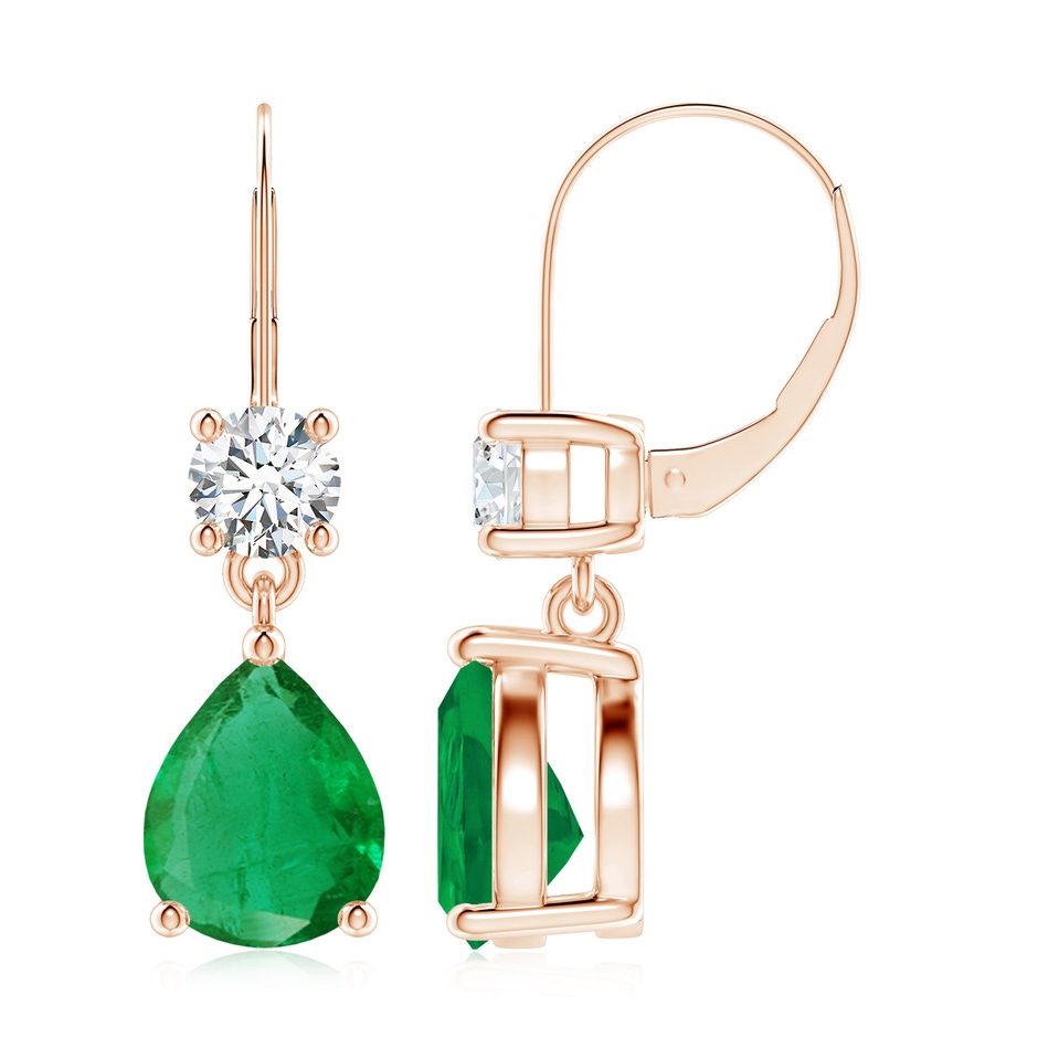 10x8mm AA Pear Emerald Leverback Drop Earrings with Diamond in Rose Gold 