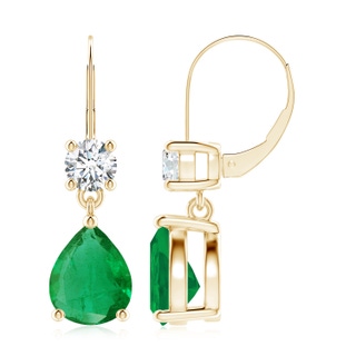 10x8mm AA Pear Emerald Leverback Drop Earrings with Diamond in Yellow Gold
