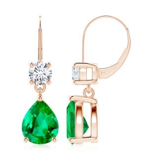 10x8mm AAA Pear Emerald Leverback Drop Earrings with Diamond in Rose Gold