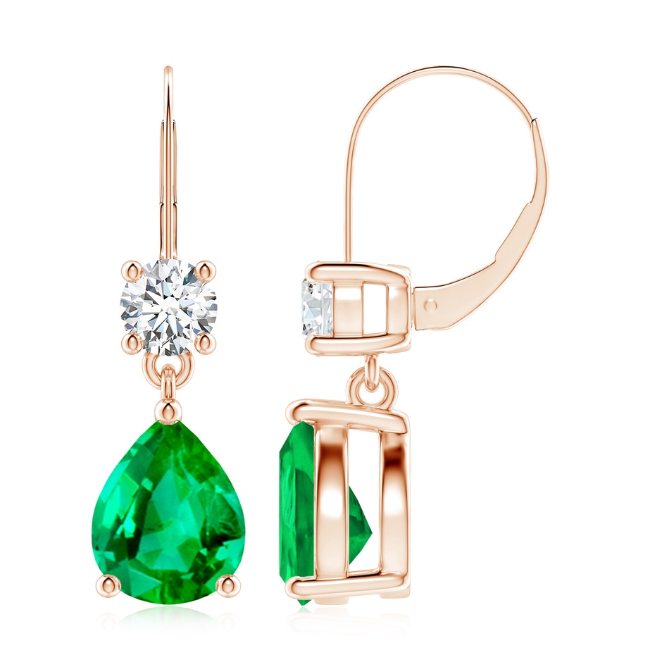 10x8mm AAA Pear Emerald Leverback Drop Earrings with Diamond in Rose Gold 