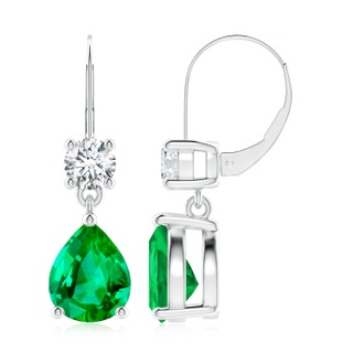 10x8mm AAA Pear Emerald Leverback Drop Earrings with Diamond in White Gold