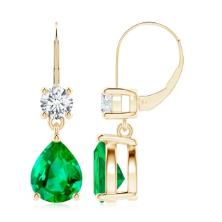 10x8mm AAA Pear Emerald Leverback Drop Earrings with Diamond in Yellow Gold