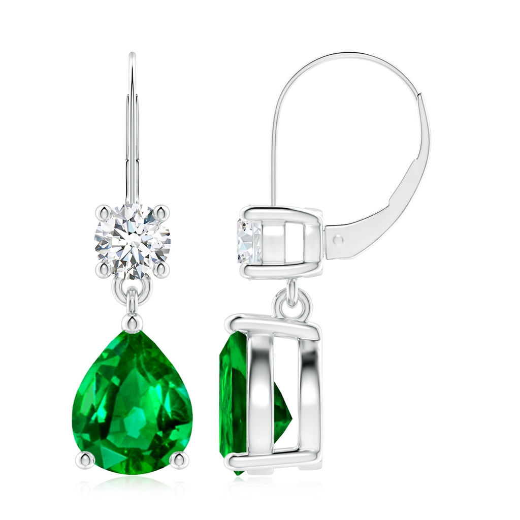 10x8mm AAAA Pear Emerald Leverback Drop Earrings with Diamond in P950 Platinum
