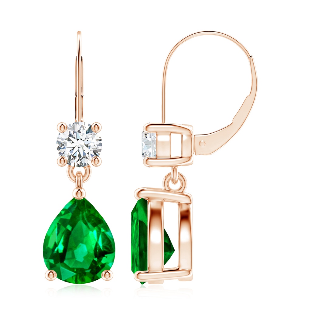 10x8mm AAAA Pear Emerald Leverback Drop Earrings with Diamond in Rose Gold