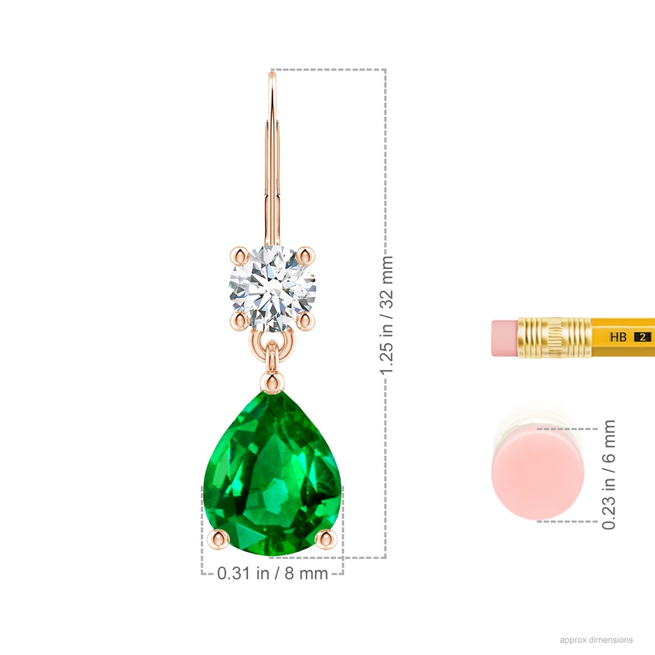 10x8mm AAAA Pear Emerald Leverback Drop Earrings with Diamond in Rose Gold ruler