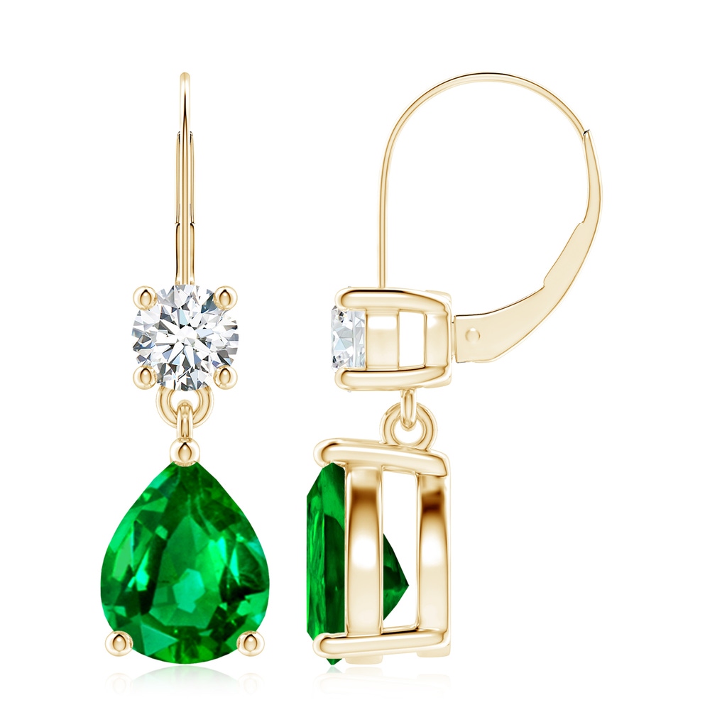 10x8mm AAAA Pear Emerald Leverback Drop Earrings with Diamond in Yellow Gold