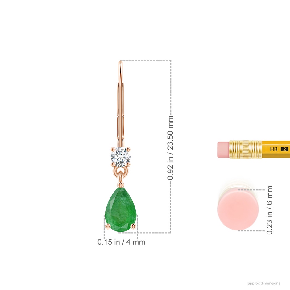 6x4mm A Pear Emerald Leverback Drop Earrings with Diamond in 9K Rose Gold ruler