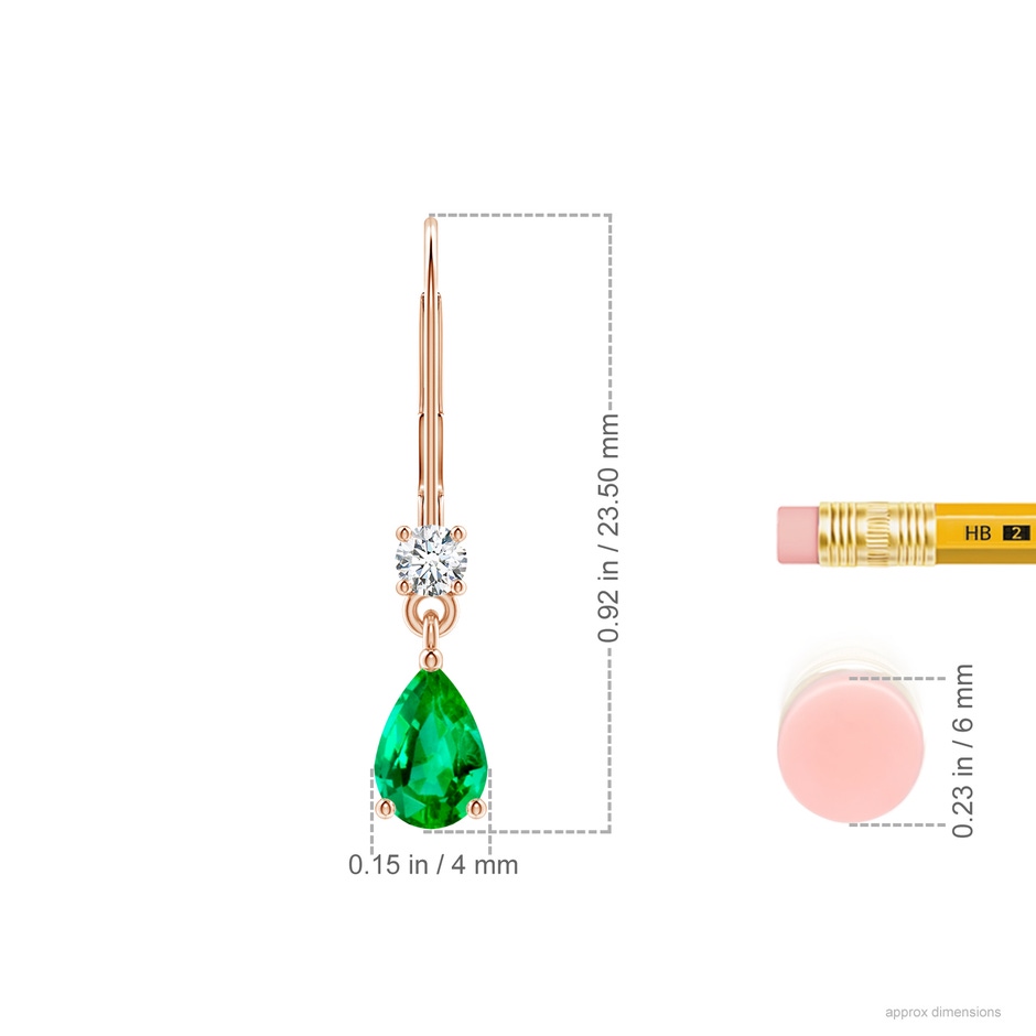 6x4mm AAA Pear Emerald Leverback Drop Earrings with Diamond in Rose Gold ruler