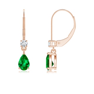 6x4mm AAAA Pear Emerald Leverback Drop Earrings with Diamond in 9K Rose Gold