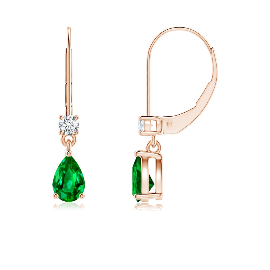 6x4mm AAAA Pear Emerald Leverback Drop Earrings with Diamond in Rose Gold 
