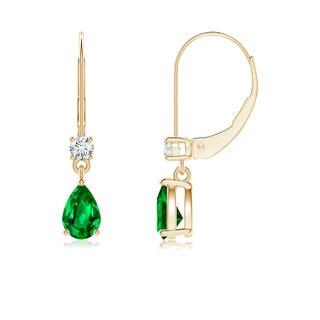 6x4mm AAAA Pear Emerald Leverback Drop Earrings with Diamond in Yellow Gold