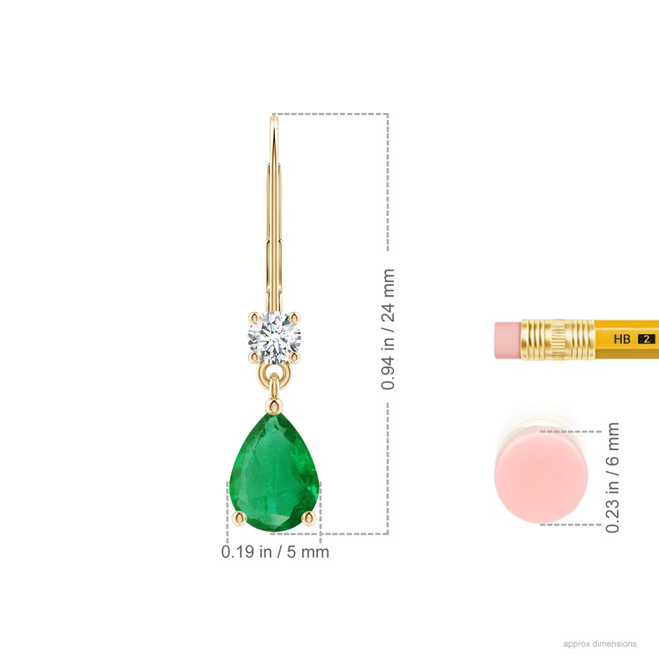 7x5mm AA Pear Emerald Leverback Drop Earrings with Diamond in Yellow Gold ruler