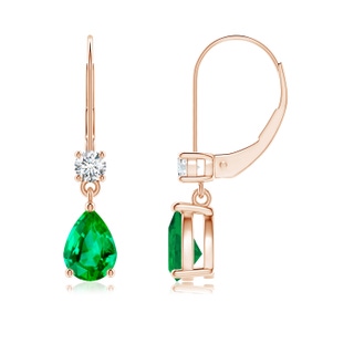 7x5mm AAA Pear Emerald Leverback Drop Earrings with Diamond in Rose Gold