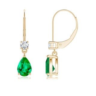 7x5mm AAA Pear Emerald Leverback Drop Earrings with Diamond in Yellow Gold