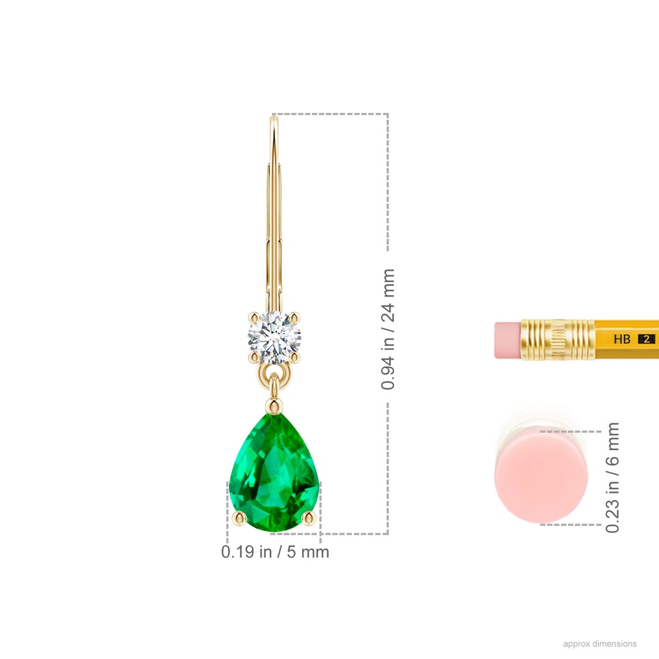 7x5mm AAA Pear Emerald Leverback Drop Earrings with Diamond in Yellow Gold ruler