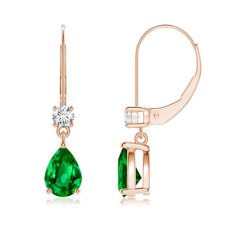 7x5mm AAAA Pear Emerald Leverback Drop Earrings with Diamond in Rose Gold 