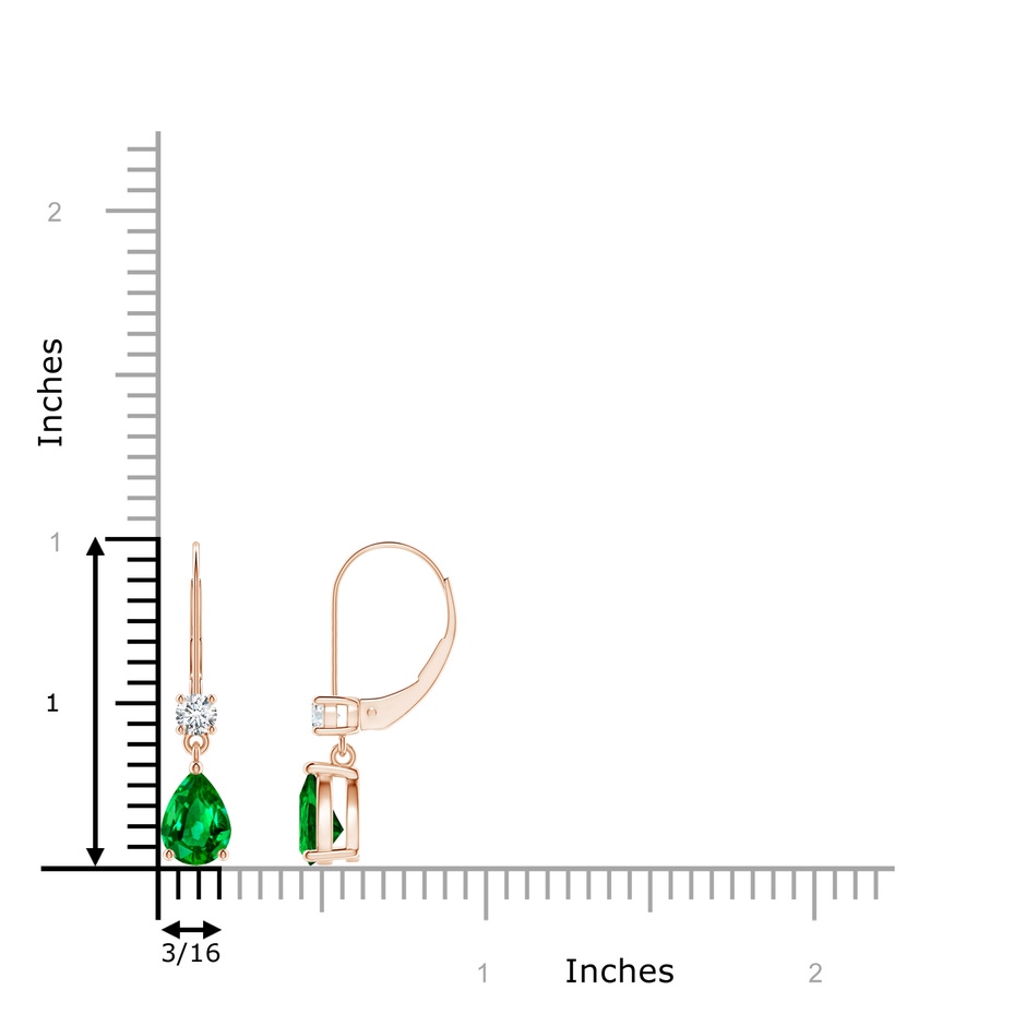 7x5mm AAAA Pear Emerald Leverback Drop Earrings with Diamond in Rose Gold ruler