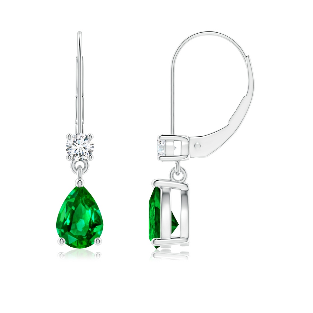 7x5mm AAAA Pear Emerald Leverback Drop Earrings with Diamond in White Gold