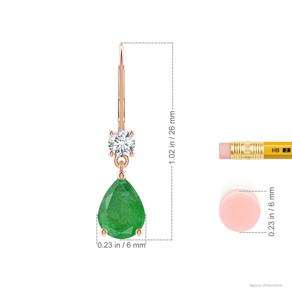 8x6mm A Pear Emerald Leverback Drop Earrings with Diamond in Rose Gold ruler
