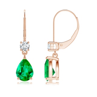 8x6mm AAA Pear Emerald Leverback Drop Earrings with Diamond in Rose Gold