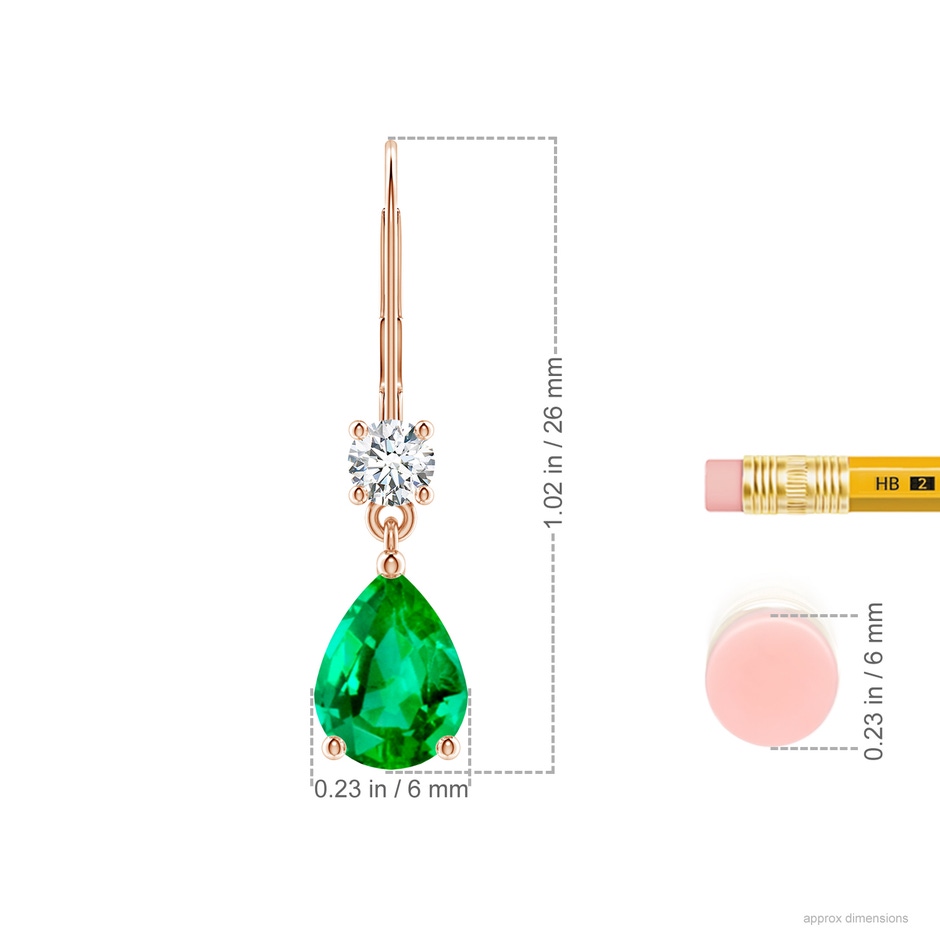 8x6mm AAA Pear Emerald Leverback Drop Earrings with Diamond in Rose Gold ruler