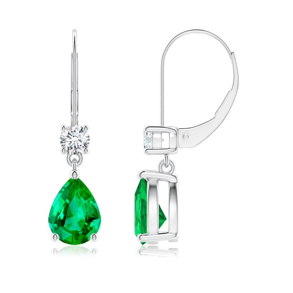 8x6mm AAA Pear Emerald Leverback Drop Earrings with Diamond in White Gold