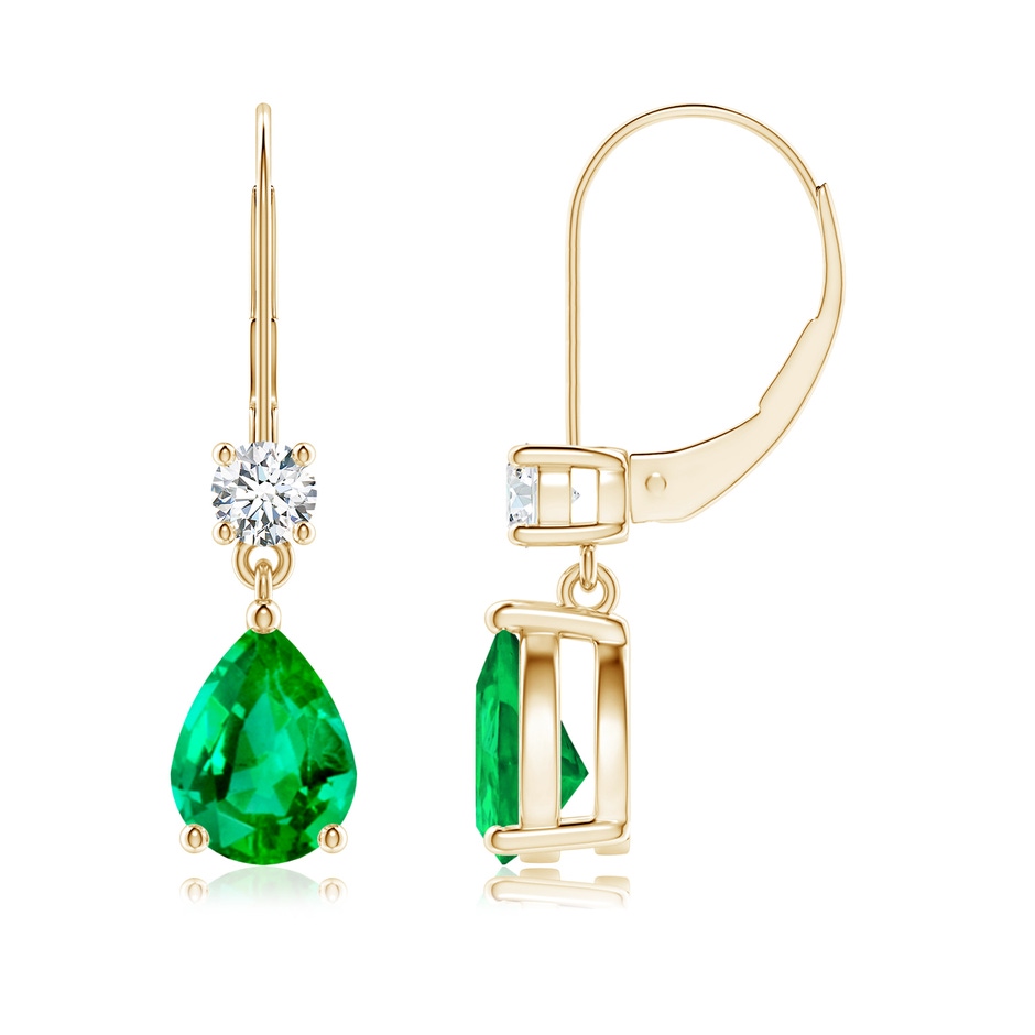 8x6mm AAA Pear Emerald Leverback Drop Earrings with Diamond in Yellow Gold 